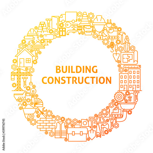 Construction Line Icon Circle Concept. Vector Illustration of Building Equipment Objects.