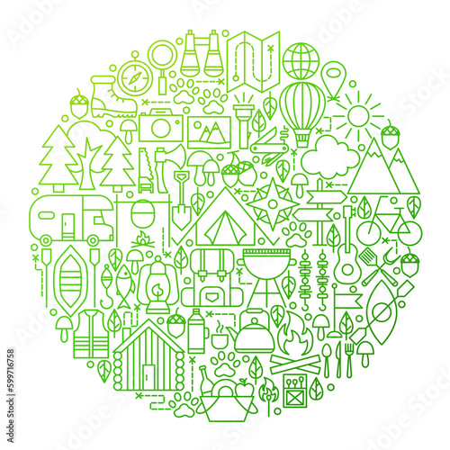 Camping Line Icon Circle Design. Vector Illustration of Summer Camp Outline Objects.