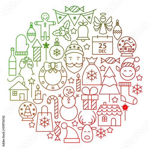 Christmas Line Icon Circle Design. Vector Illustration of Winter Holiday and Happy New Year Objects.