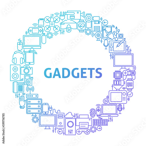 Gadget Line Icon Circle Concept. Vector Illustration of Technology and Electronics Objects.