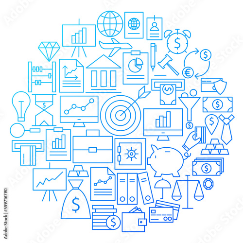 Finance Line Icon Circle Design. Vector Illustration of Money and Bank Objects.