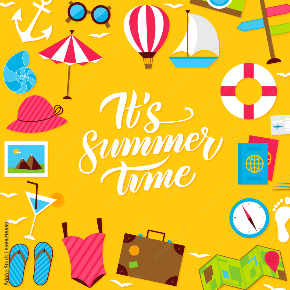 Summer Lettering Postcard. Vector Illustration of Flat Style Sea Travel Poster.
