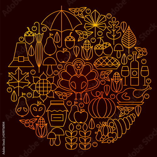 Thanksgiving Day Line Icon Circle Concept. Vector Illustration of Autumn Objects.