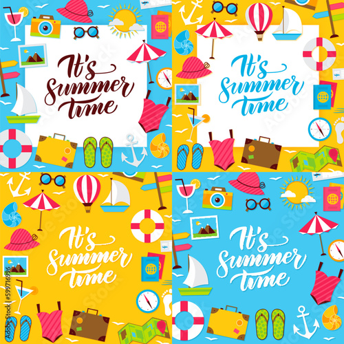 Summer Posters. Vector Illustration of Flat Style Sea Travel Postcards with Lettering.
