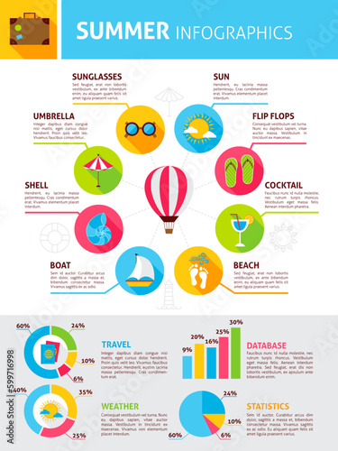 Summer Infographic. Flat Design Vector Illustration of Sea Concept with Text.