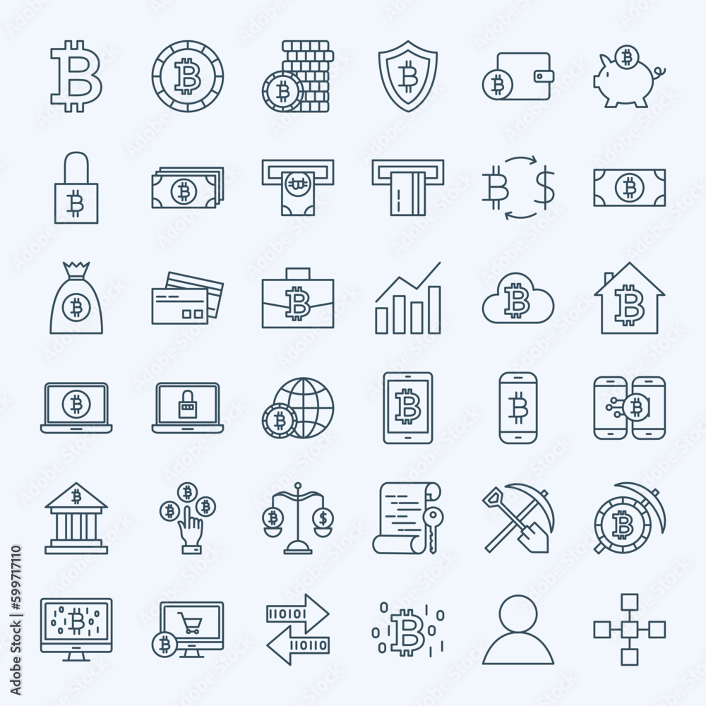 Line Bitcoin Icons. Vector Set of Thin Outline Cryptocurrency Finance Symbols.
