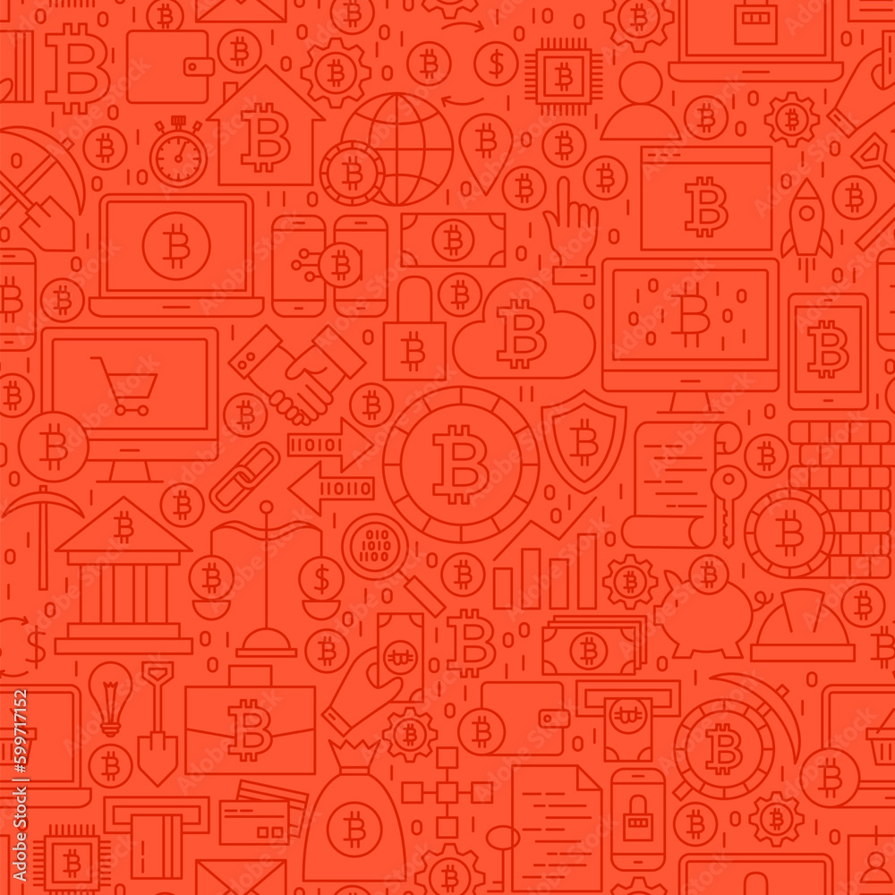 Red Line Bitcoin Seamless Pattern. Vector Illustration of Outline Tile Background. Cryptocurrency Financial Items.