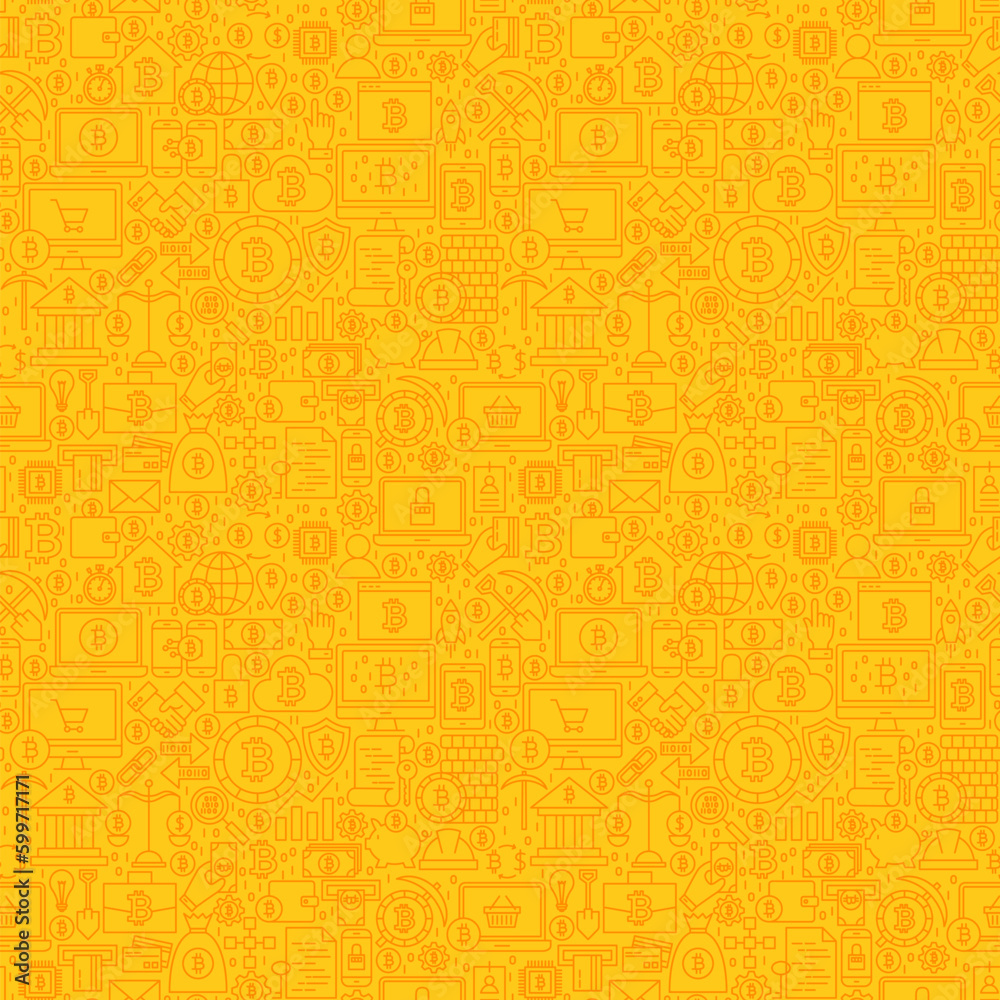 Yellow Line Bitcoin Seamless Pattern. Vector Illustration of Outline Tile Background. Cryptocurrency Financial Items.