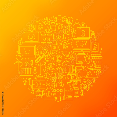 Line Bitcoin Icons Circle. Vector Illustration of Cryptocurrency Outline Objects over Blurred Background.