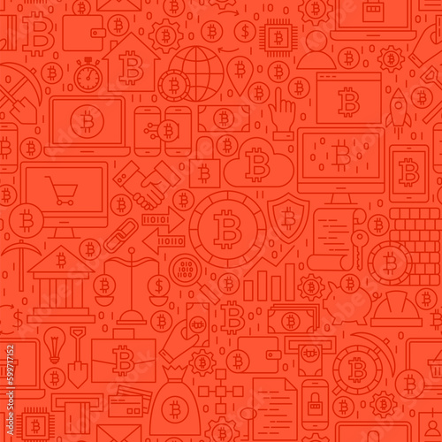 Red Line Bitcoin Seamless Pattern. Vector Illustration of Outline Tile Background. Cryptocurrency Financial Items.