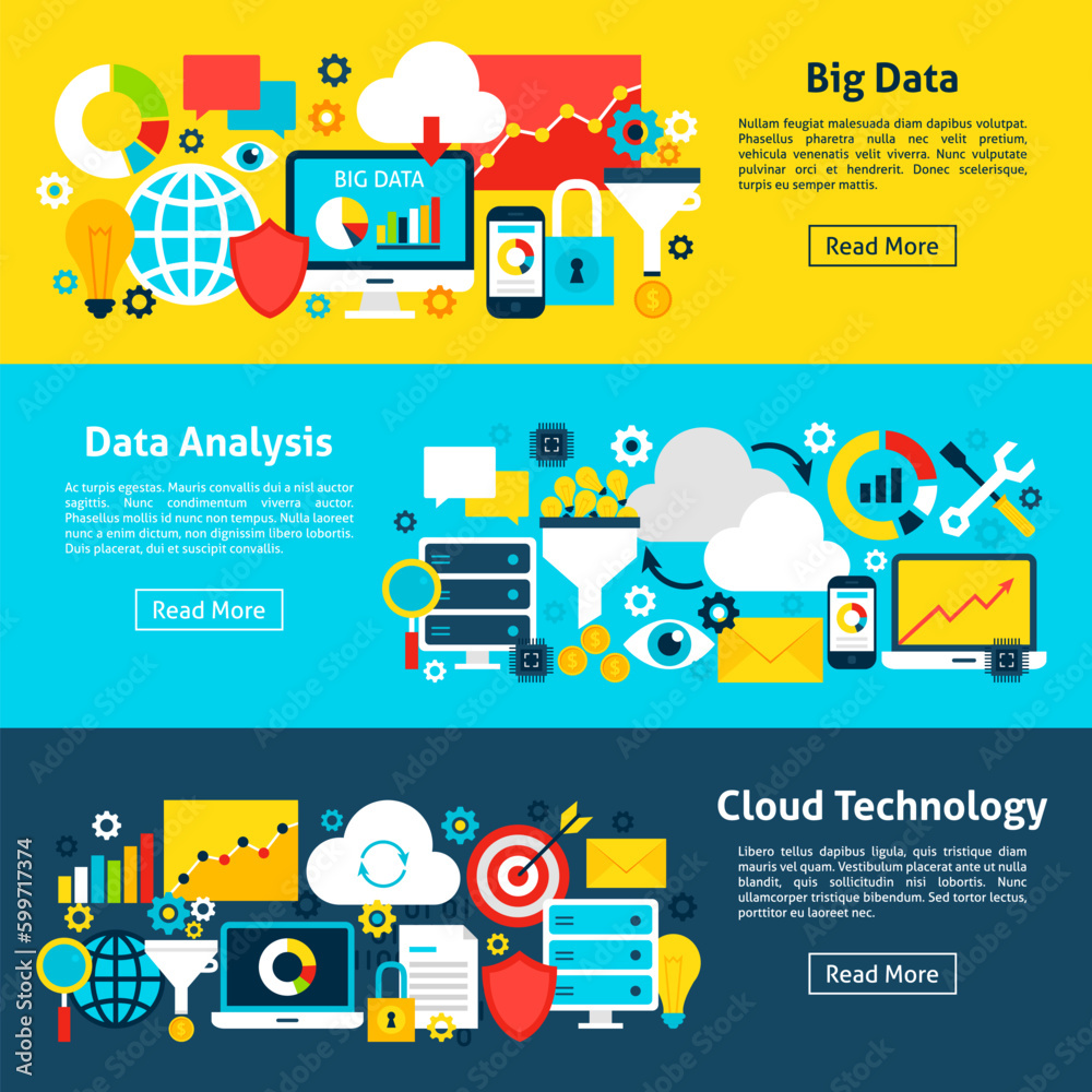 Data Analytics Horizontal Banners. Vector Illustration for Website Header. Business Items Flat Design.