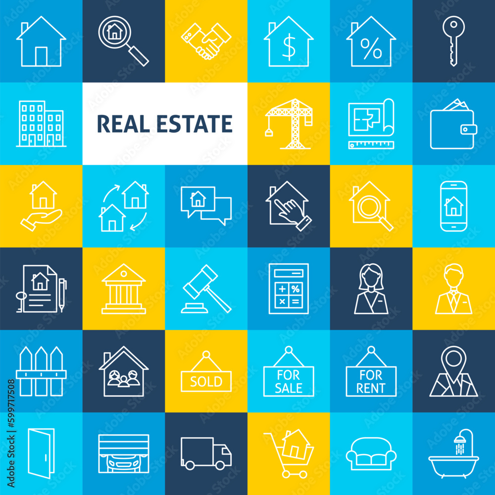 Vector Line Real Estate Icons. Thin Outline House and Building Symbols ...