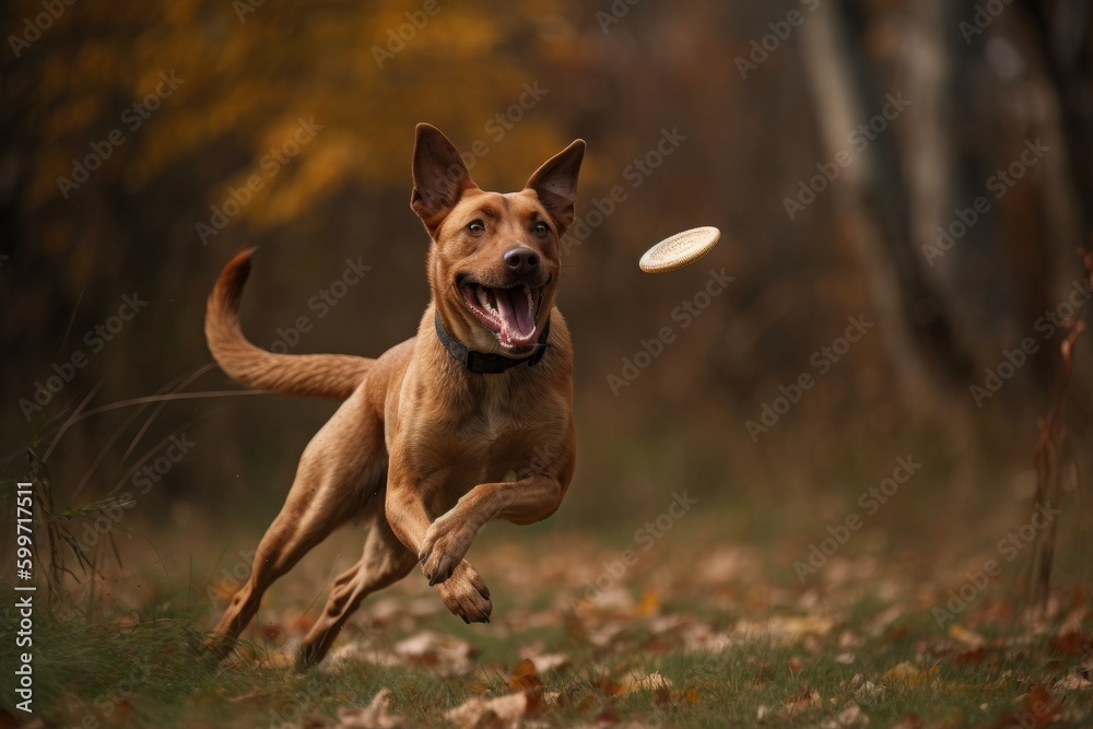 Depict a joyful dog chasing and catching a Frisbee thrown by its owner, with the dog's tongue hanging out and tail wagging in excitement. Generative AI Depict a joyful dog chasing and catching a Frisbee thrown by its owner, with the dog's tongue hanging out and tail wagging in excitement. Generative AI