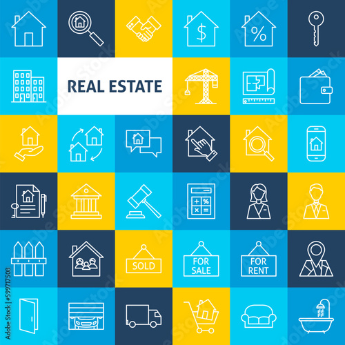 Vector Line Real Estate Icons. Thin Outline House and Building Symbols over Colorful Squares.