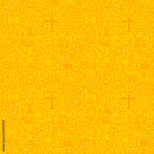 Yellow Line Real Estate Seamless Pattern. Vector Illustration of Outline Tile Background. House Building Items.