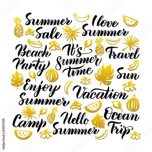 Summer Time Handwritten Lettering. Vector Illustration of Seasonal Calligraphy over White.