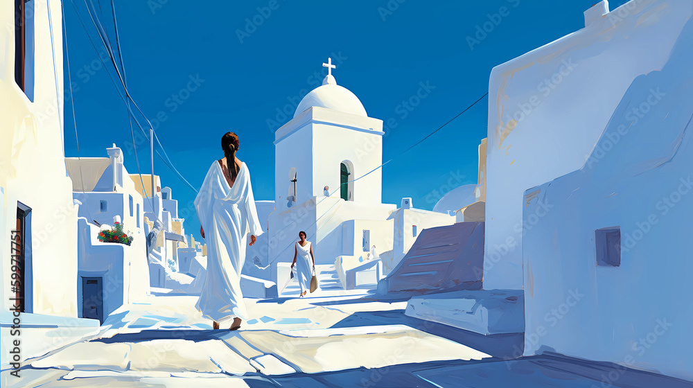 Illustration of beautiful view of Mykonos island, Greece