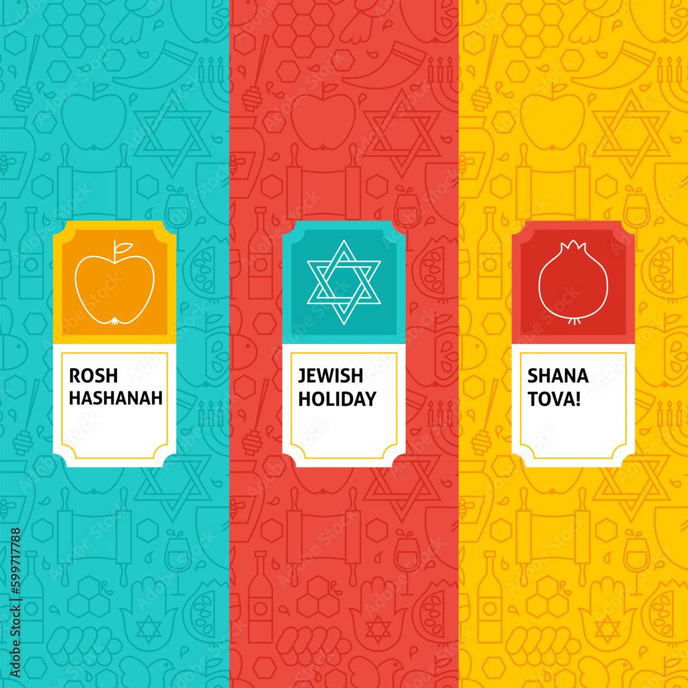 Line Rosh Hashanah Patterns Set. Vector Illustration of Logo Design. Template for Packaging with Labels. Line Rosh Hashanah Patterns Set. Vector Illustration of Logo Design. Template for Packaging with Labels.