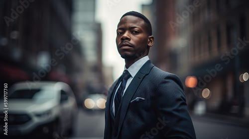 an African American man, dressed in a tailored suit, standing on a busy city street - generative AI, AI generated