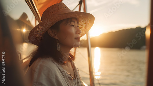 A middle-aged asian woman, dressed in a wide-brimmed hat, stands on the deck of a sailboat, generative AI, AI generated