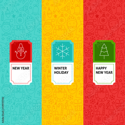 Line New Year Patterns Set. Vector Illustration of Logo Design. Template for Packaging with Labels.