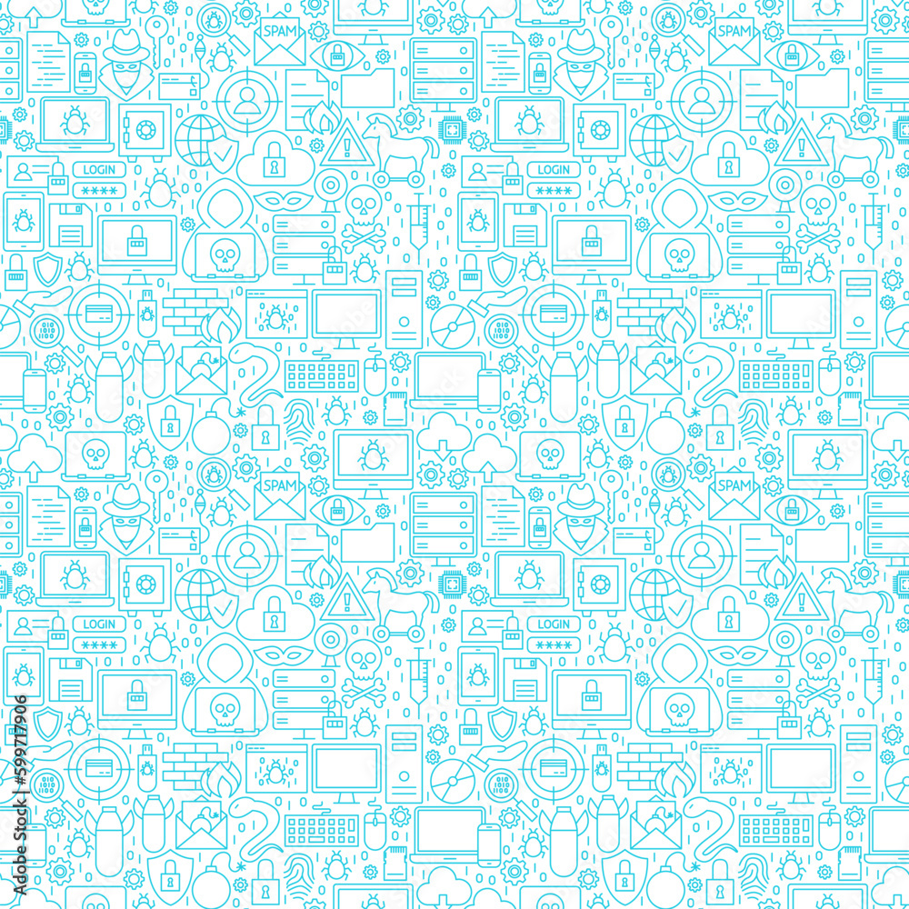Internet Security White Seamless Pattern. Vector Illustration of Outline Background.