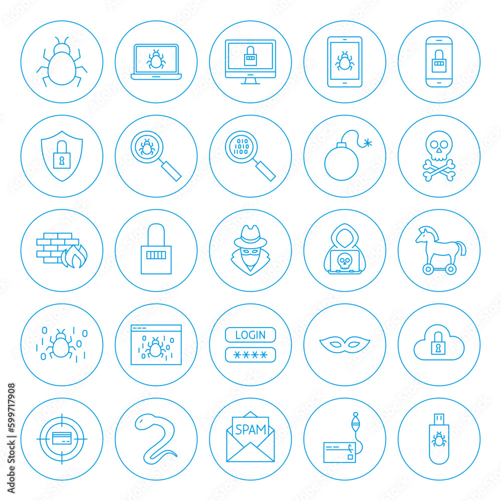 Line Circle Hacker Icons. Vector Illustration of Outline Cyber Crime Objects.