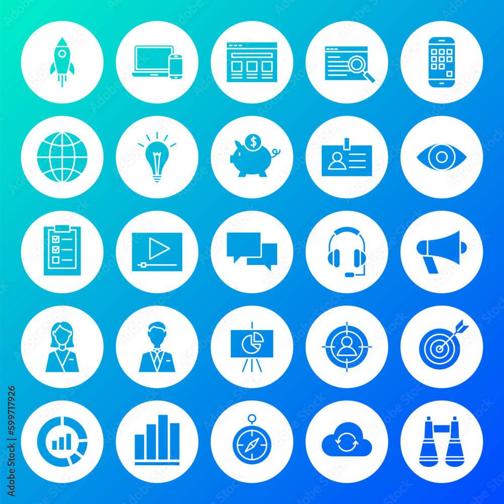 Startup Circle Solid Icons. Vector Illustration of Glyphs over Blurred Background. Startup Circle Solid Icons. Vector Illustration of Glyphs over Blurred Background.