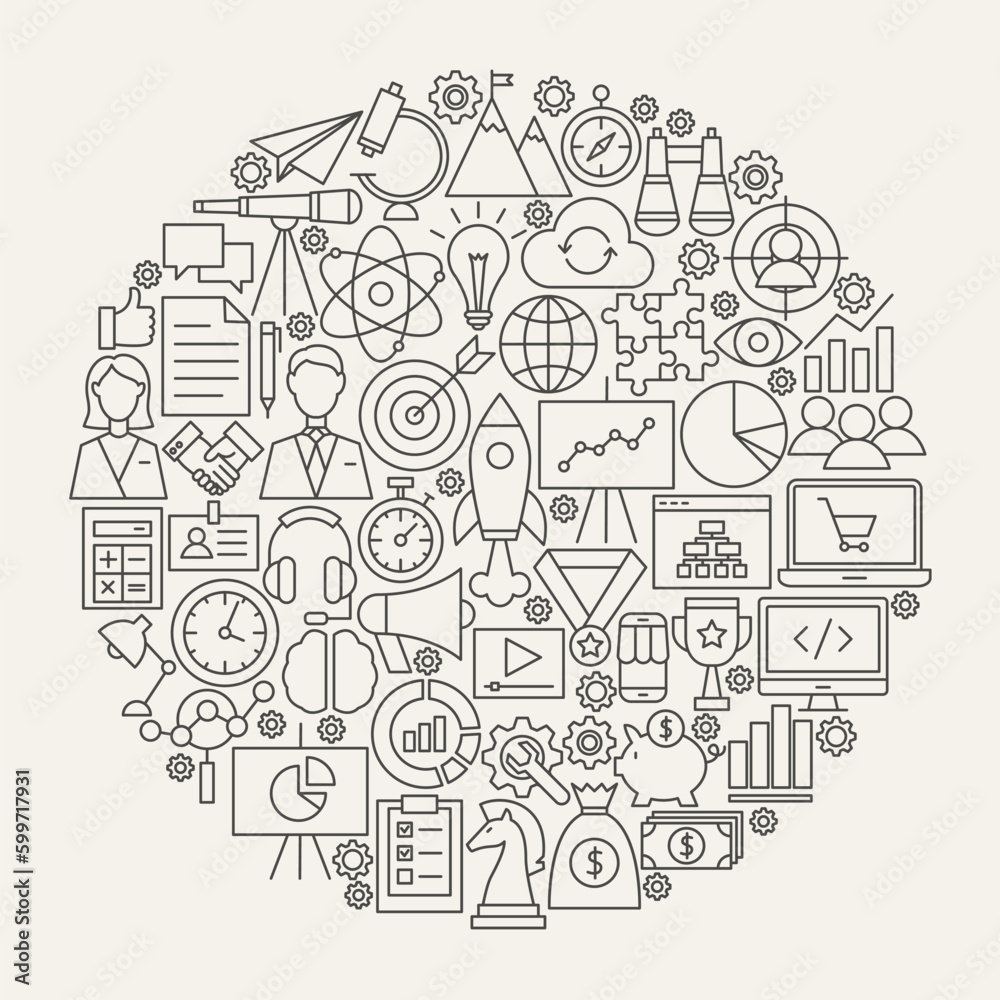 Startup Line Icons Circle. Vector Illustration of Business Outline Objects.