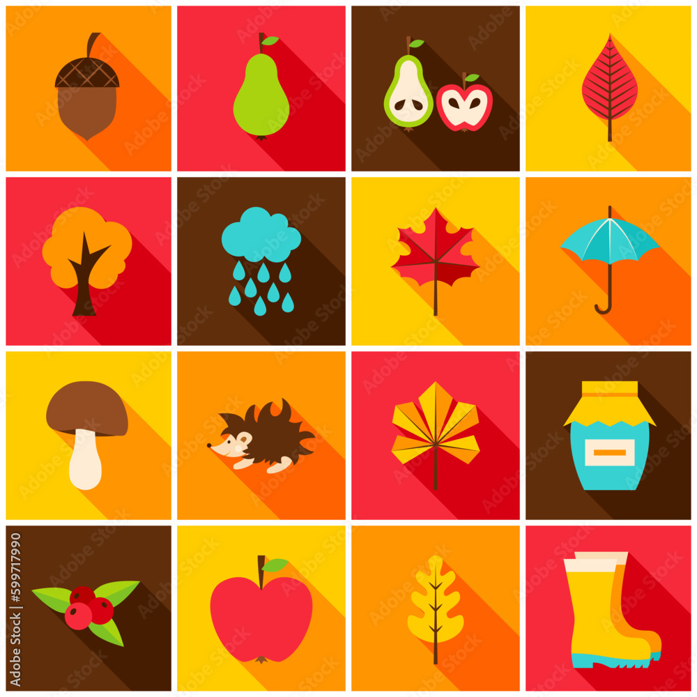 Autumn Colorful Icons. Vector Illustration. Set of Fall Seasonal Items.