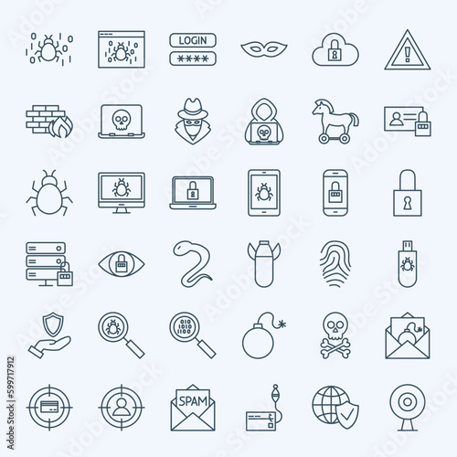 Line Internet Security Icons. Vector Set of Outline Cyber Crime Symbols.