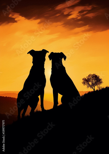 Canine Connection - An awe-inspiring silhouette of dogs and sunset  © stock