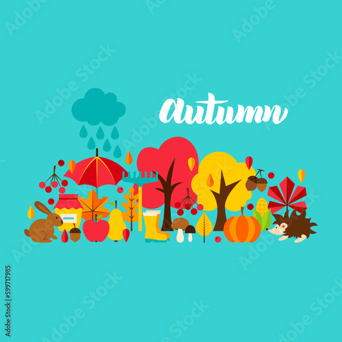 Autumn Greeting Postcard. Vector Illustration. Fall Seasonal Concept.