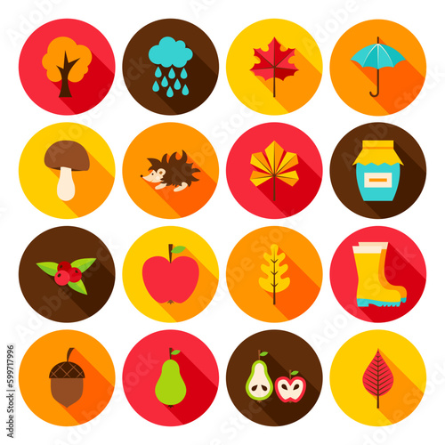 Autumn Flat Icons. Vector Illustration. Set of Circle Fall Seasonal Objects.