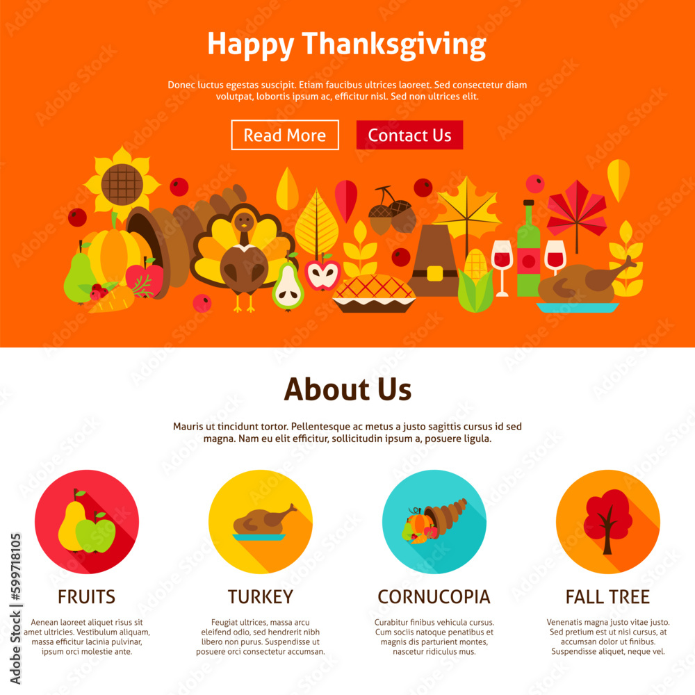 Fototapeta premium Web Design Happy Thanksgiving. Vector Illustration of Website Banner. Fall Holiday Concept.