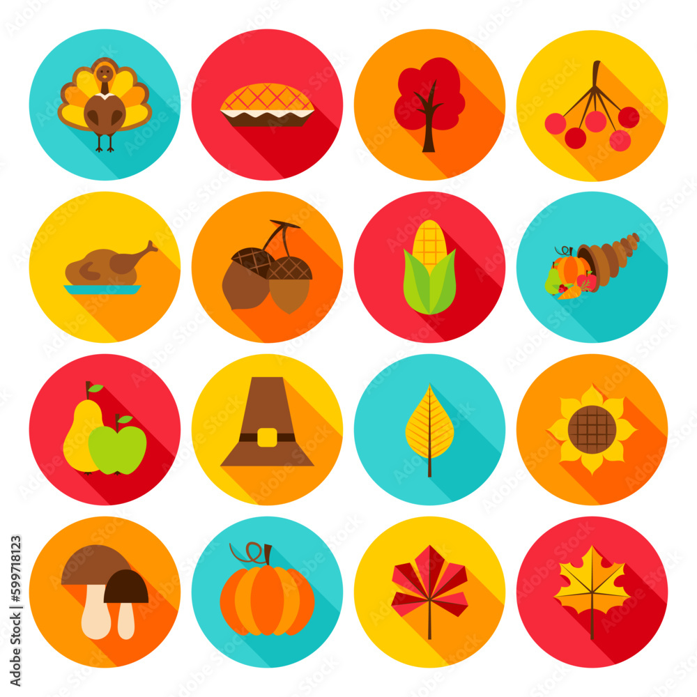Thanksgiving Day Flat Icons. Vector Illustration. Set of Circle Fall Seasonal Holiday Objects. Thanksgiving Day Flat Icons. Vector Illustration. Set of Circle Fall Seasonal Holiday Objects.