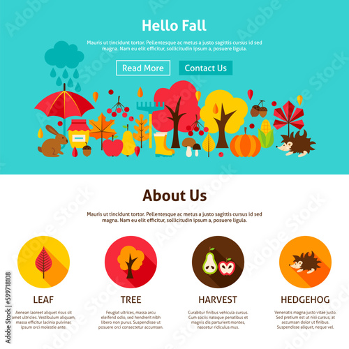 Web Design Hello Fall. Vector Illustration of Website Banner. Autumn Seasonal Concept.