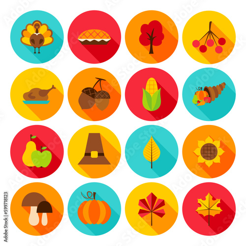 Thanksgiving Day Flat Icons. Vector Illustration. Set of Circle Fall Seasonal Holiday Objects.