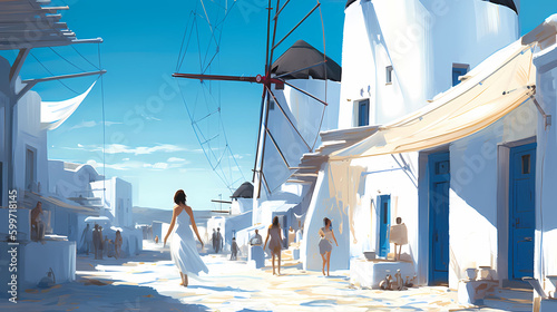 Illustration of beautiful view of Mykonos island, Greece photo