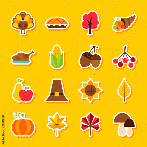 Thanksgiving Day Stickers. Vector Illustration Flat Style. Set of Seasonal Holiday Symbols.