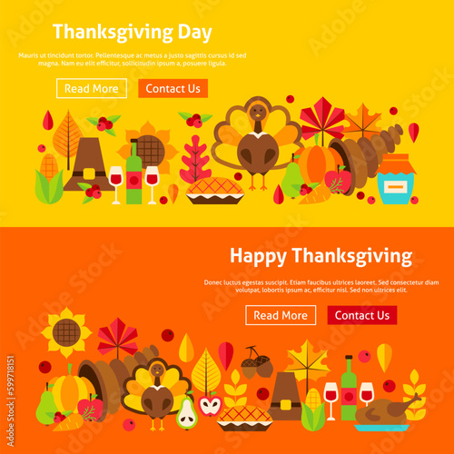 Thanksgiving Day Website Banners. Vector Illustration of Autumn Holiday Concept.