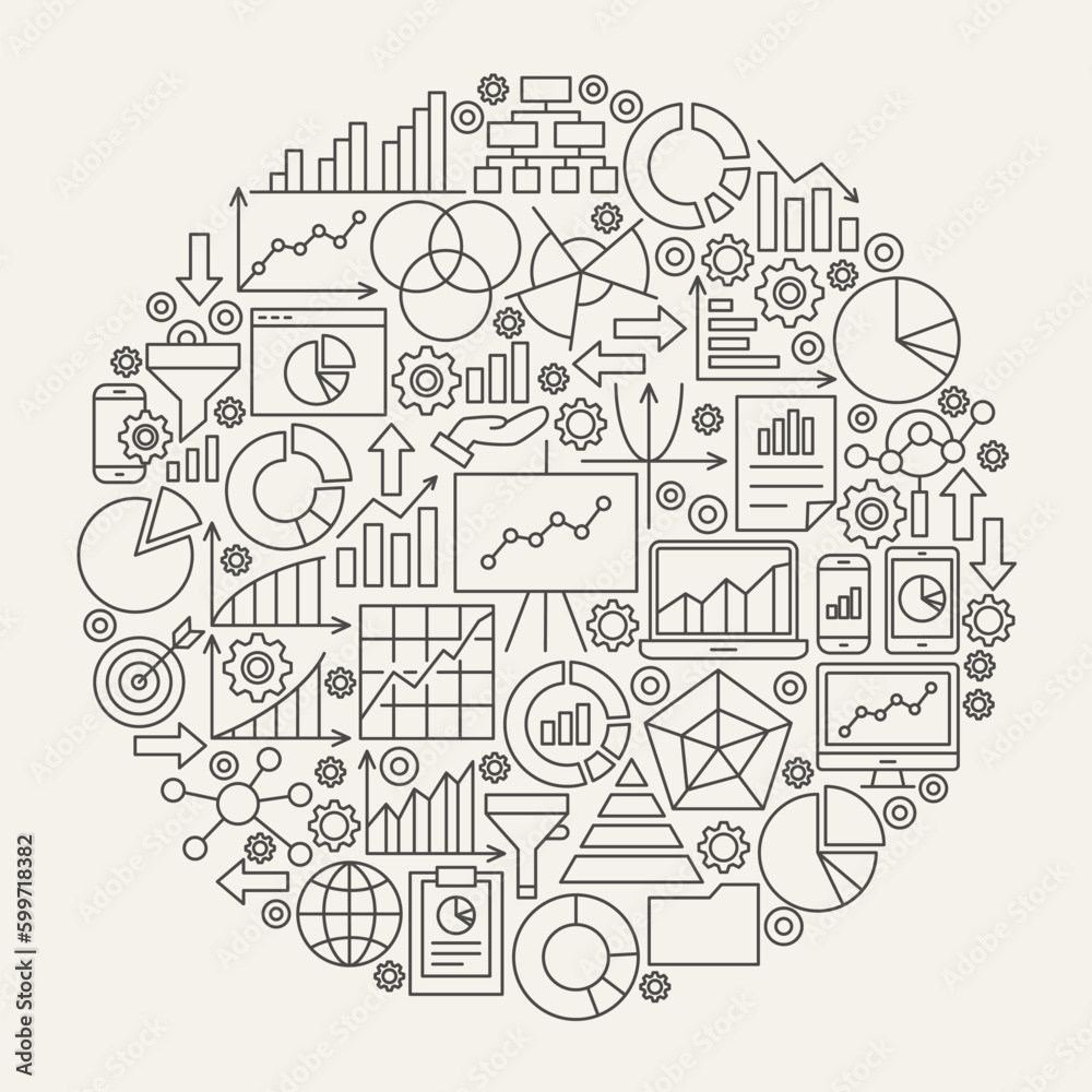 Business Diagram Line Icons Circle. Vector Illustration of Analytics Graph Outline Objects.