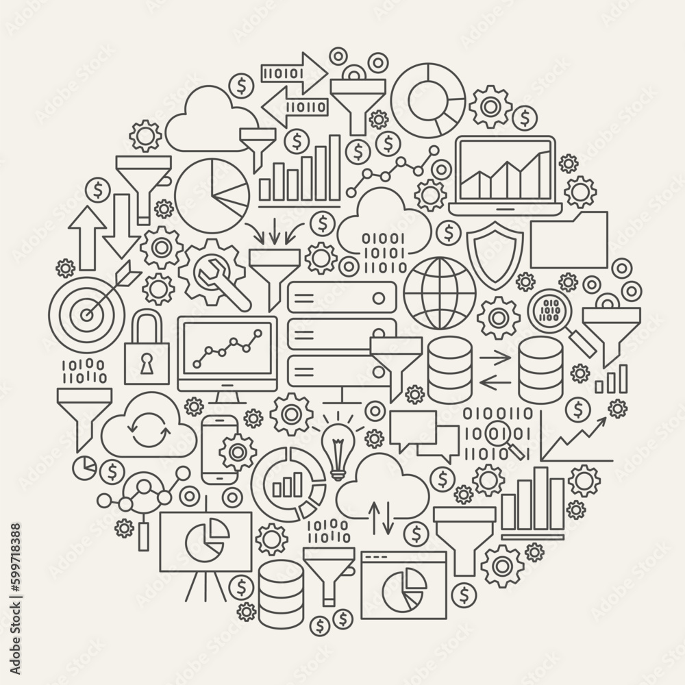 Data Filter Line Icons Circle. Vector Illustration of Business Funnel Outline Objects.