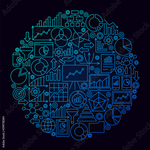 Business Analytics Line Circle Concept. Vector Illustration of Diagram Objects over Black.