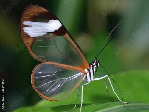 Macro view of a beautiful glasswing butterfly (Greta oto) on a leaf. Generative AI photo
