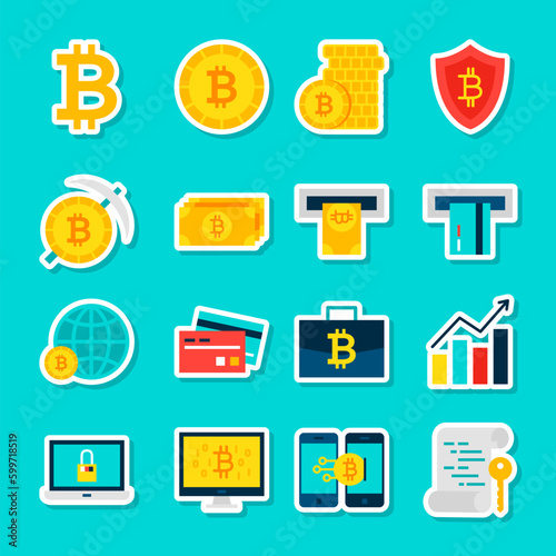 Bitcoin Currency Stickers. Vector Illustration Flat Style. Collection of Financial Symbols.
