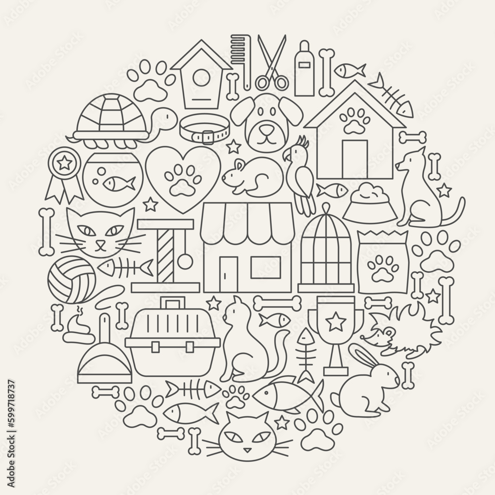 Pet Shop Line Icons Circle. Vector Illustration of Vet Outline Objects.