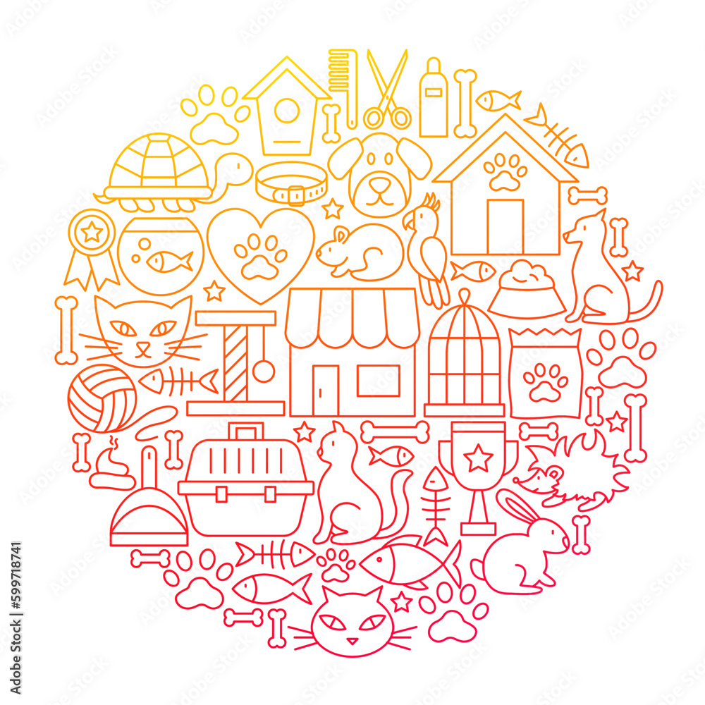 Pet Shop Line Icon Circle Design. Vector Illustration of Vet Objects Isolated over White.