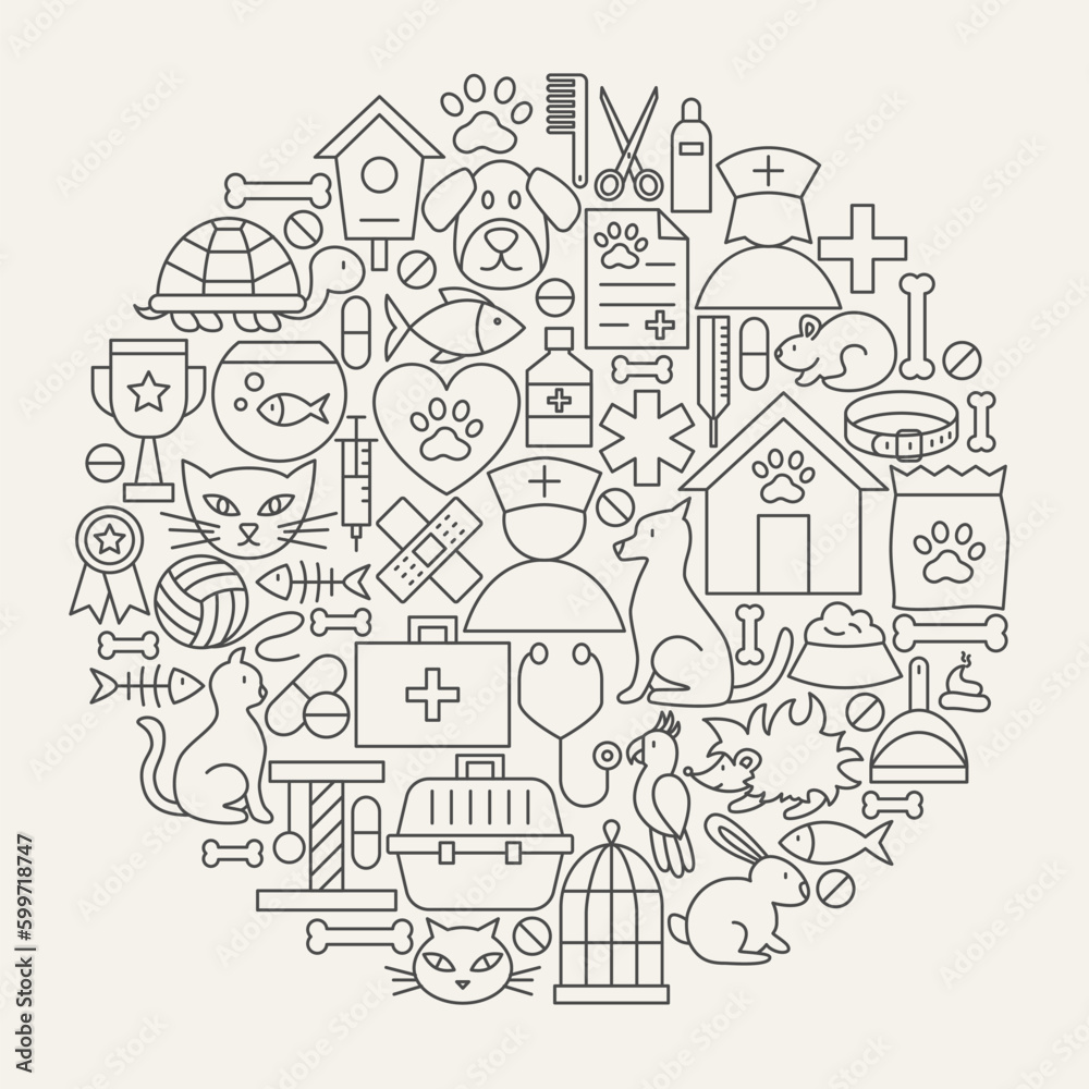 Vet Clinic Line Icons Circle. Vector Illustration of Pet Shop Outline Objects.