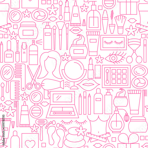 Cosmetics White Line Seamless Pattern. Vector Illustration of Outline Tileable Background.